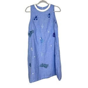 De Flore Saigon Linen Dress Small Blue Sleeveless Embroidered Floral Leaf Shift